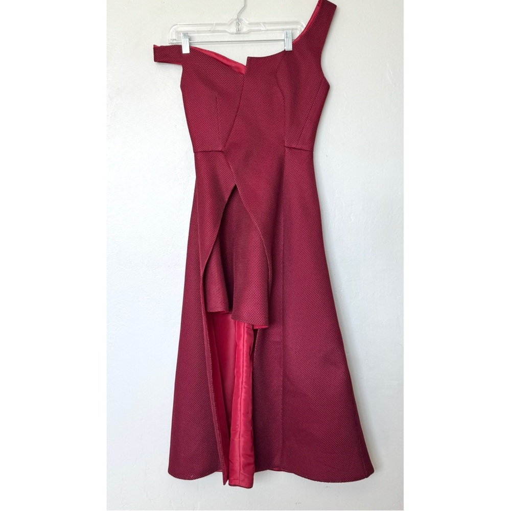 Issue New York Burgundy Red One Shoulder Asymmetrical Midi Dress